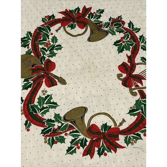 Vintage Set 2 Christmas Tablecloths Round Rectangle Holly Ribbon Holiday Linens - Picture 7 of 16